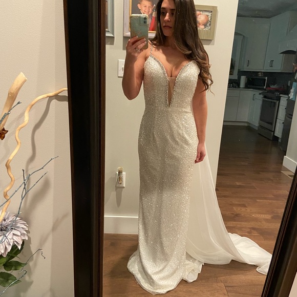 Sherri Hill Size 2 White Beaded with long cape - Picture 2 of 6